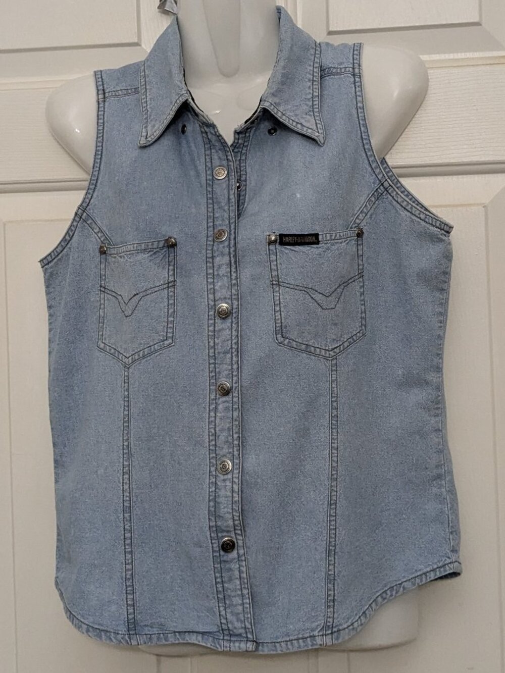 Harley-Davidson Denim Vintage Shirt Women's Cutoff Moto Size S Blue .